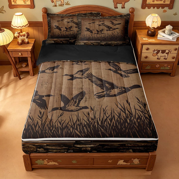 meiyoeat Vintage Mallard Duck Silhouette Zipper Full Size Comforter Sets with Fitted Sheet and 2 Pillowcases, Rustic Farmhouse Wood Print Zipper Bedding Set For Kids,Black Reversible,4-Piece