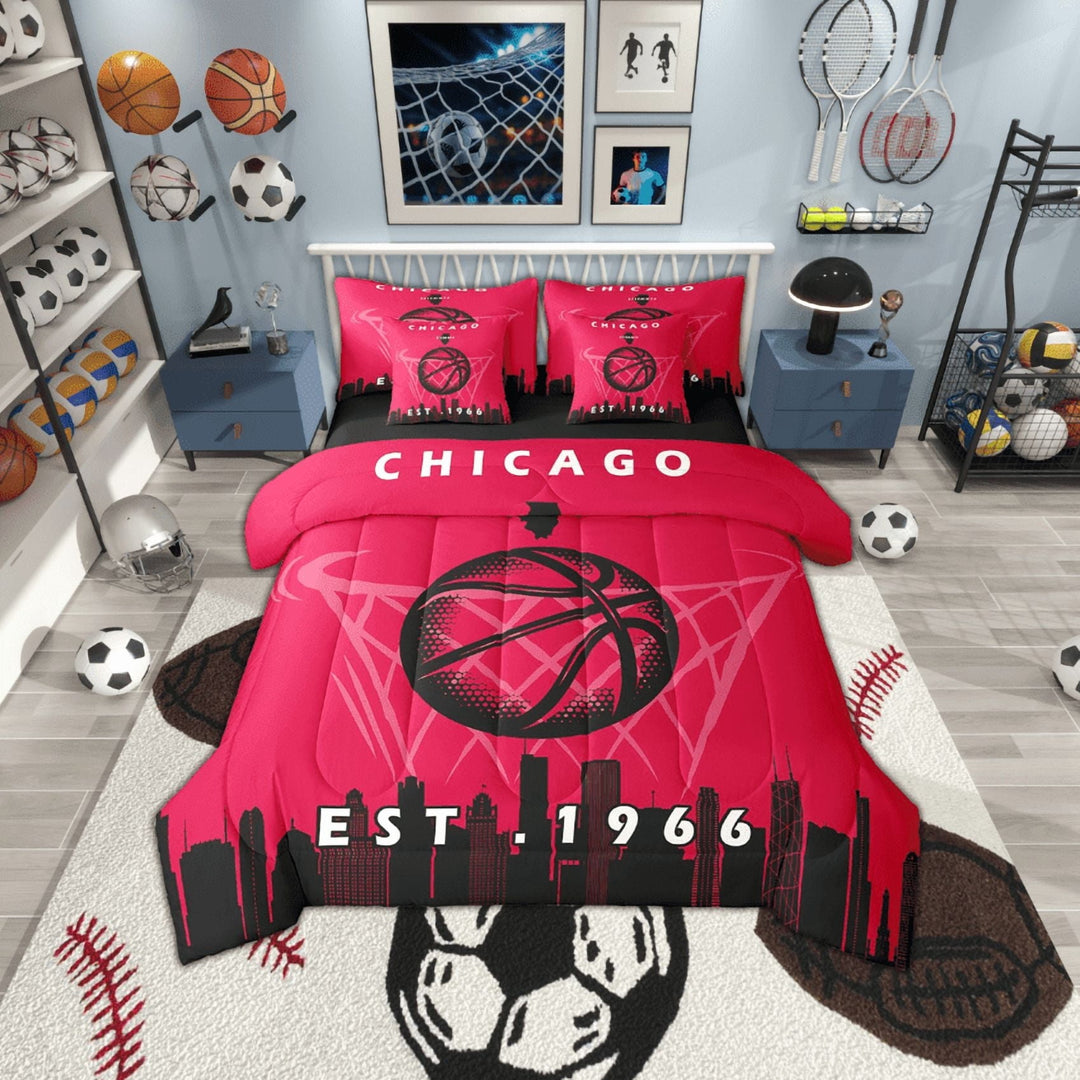 7 Pcs Comforter Set King Size,Basketball Bed in a Bag with Flat Sheet and Fitted Sheet and Adults,Sports Bedding Set with Pillowcase and Sham,Chicago