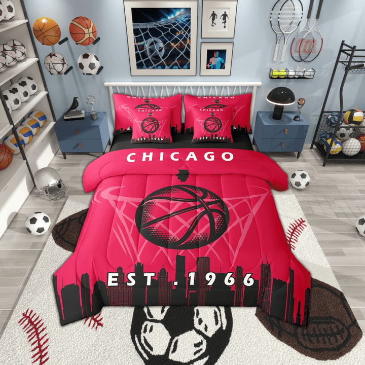 7 Pcs Comforter Set King Size,Basketball Bed in a Bag with Flat Sheet and Fitted Sheet and Adults,Sports Bedding Set with Pillowcase and Sham,Chicago