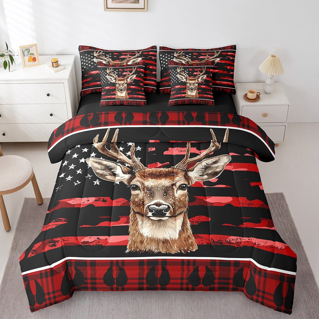 Camo American Flag 7 Piece Comforter Set Full Red Black Camouflage Hunting Bedding Set With Sheets Rustic Buffalo Plaid Deer Bed In A Bag Men Woodland Animal Bed Set