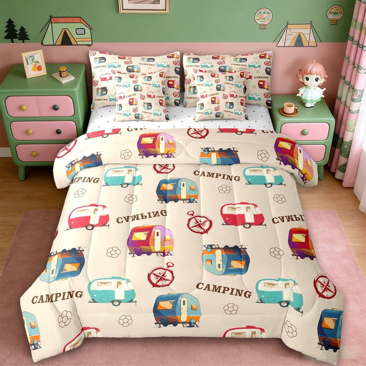 Erosebridal Camping Adventure 7-Piece Twin Bedding Sets,Rustic Camper Theme Bedding Comforter Set For Kids,Reversible