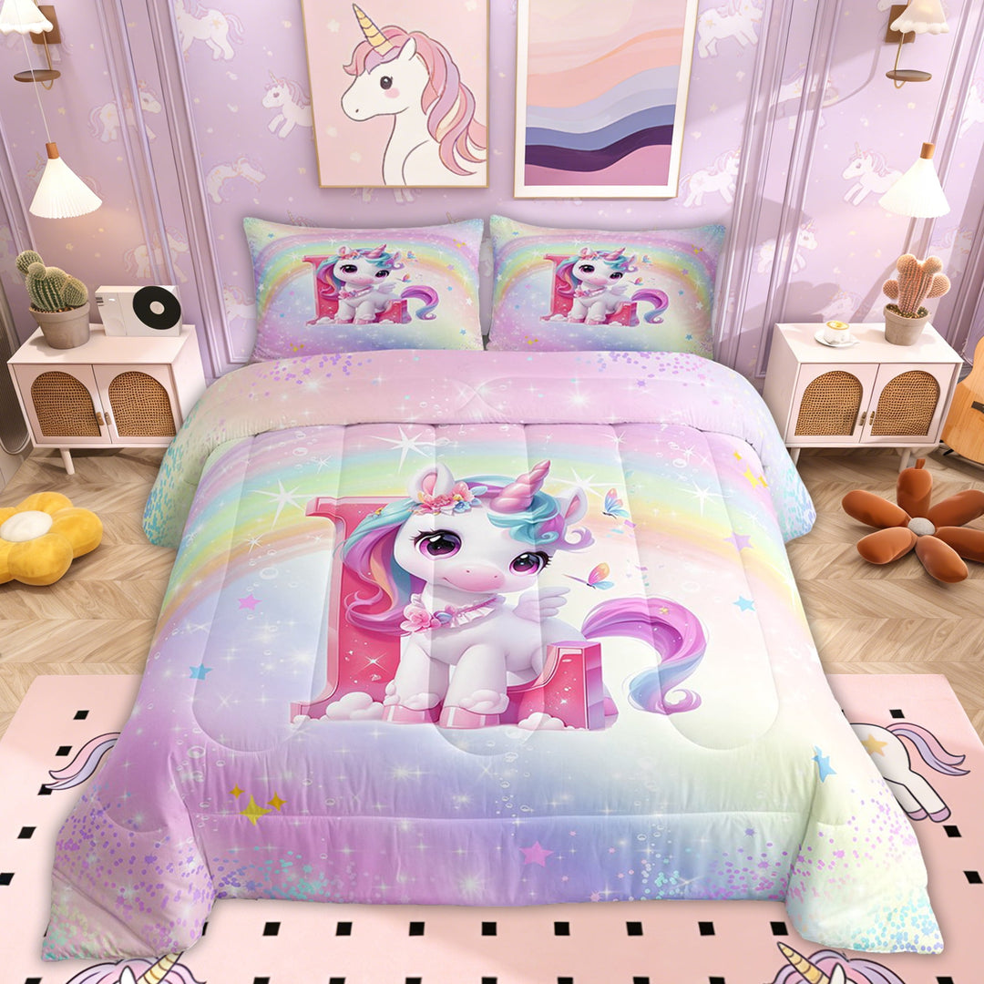 Erosebridal Initial A-Z Bedding Sets Twin with Comforter, Initial Letter L Duvet Insert, Girly Fairy Unicorn Decor, Reversible