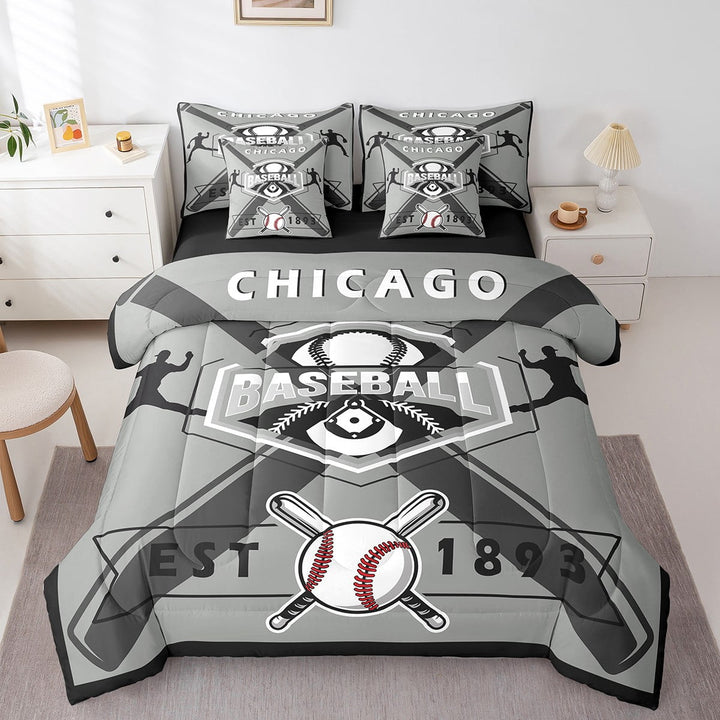 Twin Comforter Set Baseball Bedroom Decor - 7 Pieces Baseball Bedding Sets Twin Bed in a Bag with Reversible Baseball Player Bed Set,Comforter, Sheets, Pillowcases &amp; Shams,Chicago