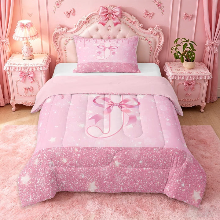 Erosebridal Chic Sparkle Print Twin Comforter Sets,Cute Coquette Bow Initial Letter J Bedding Set For Kids Girls,Pink Reversible,2-Piece