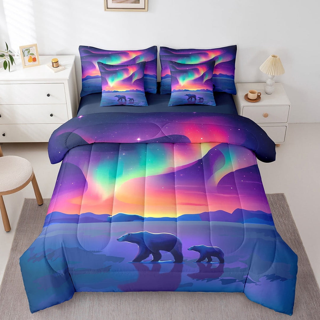 Erosebridal Mystic Aurora Bedding Sets Twin Size, Polar Bear Comforter Sets with Sheets, Kawaii Animal Reversible Bed Set, Super Cozy Room Decorative, 7 Pieces