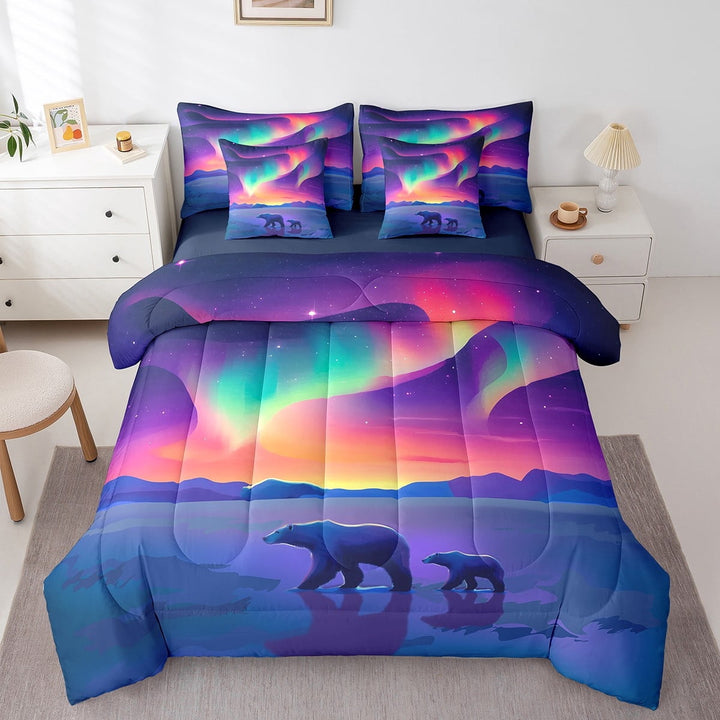 Erosebridal Mystic Aurora Bedding Sets Twin Size, Polar Bear Comforter Sets with Sheets, Kawaii Animal Reversible Bed Set, Super Cozy Room Decorative, 7 Pieces