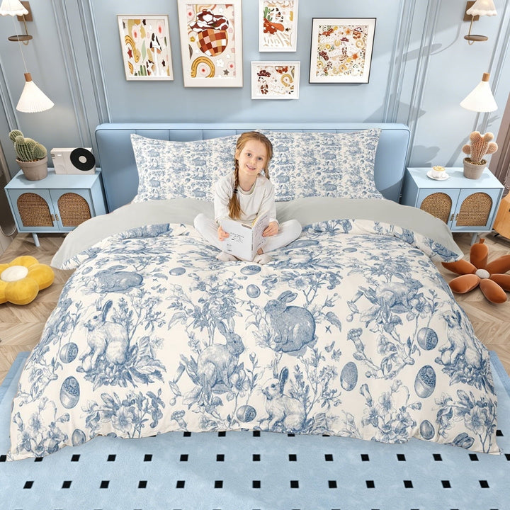 Erosebridal Vintage Rabbit Duvet Cover Set for Kids, Blue Beige Bedding Full, Gray Reversible, 3pcs 1 Duvet Cover and 2 Pillowcases, No Comforter
