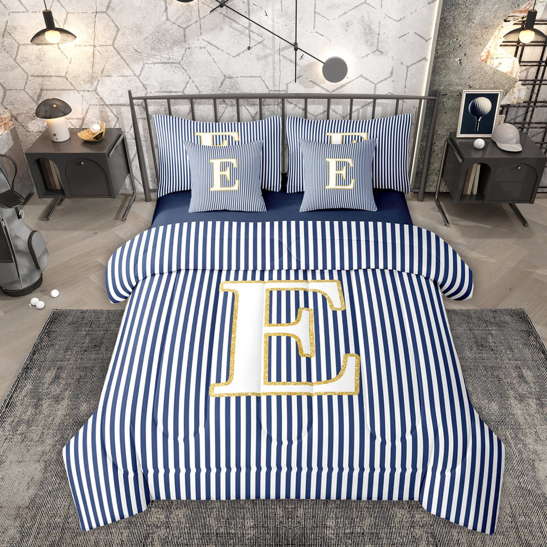 Erosebridal Kids Cartoon Monogrammed E Twin Bedding Sets 7-Piece, Navy Stripes Ombre Bedding Comforter Set