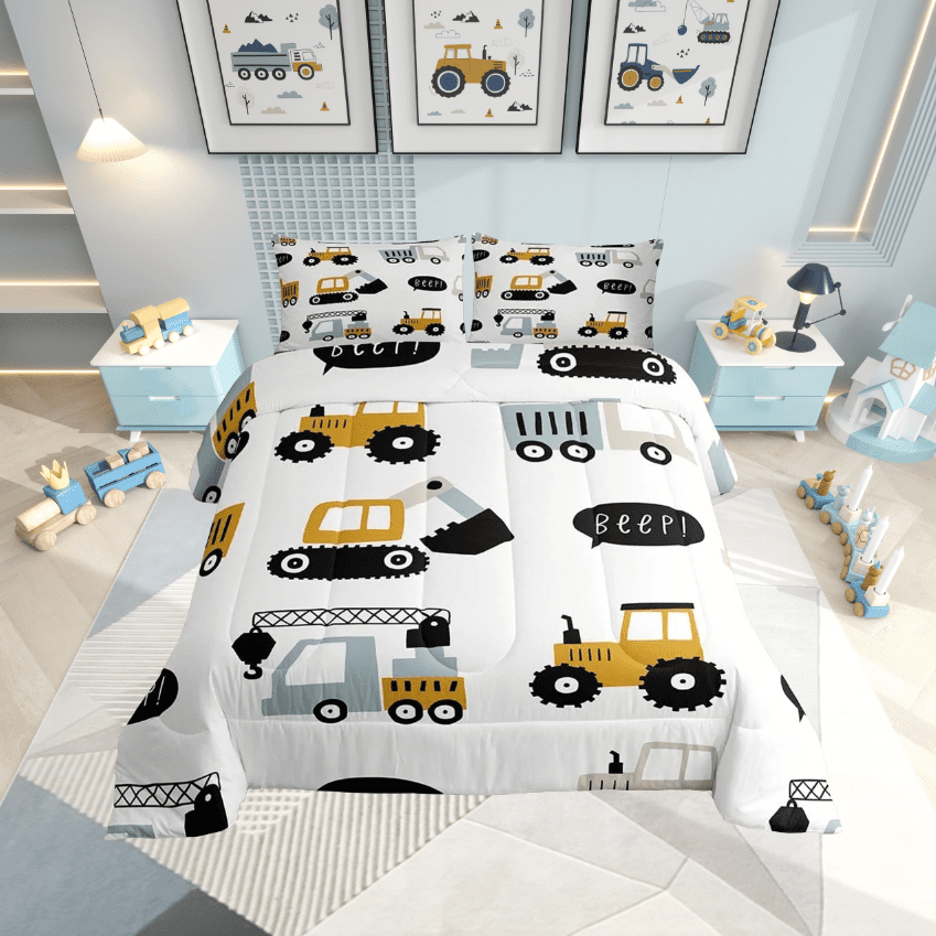 Construction Bedding Twin,Cartoon Excavator Tractor Print Comforter Cute Equipment Crane Truck Comforter Set Youth Bedroom Decor,White Yellow Quilt with 1 Pillow Case
