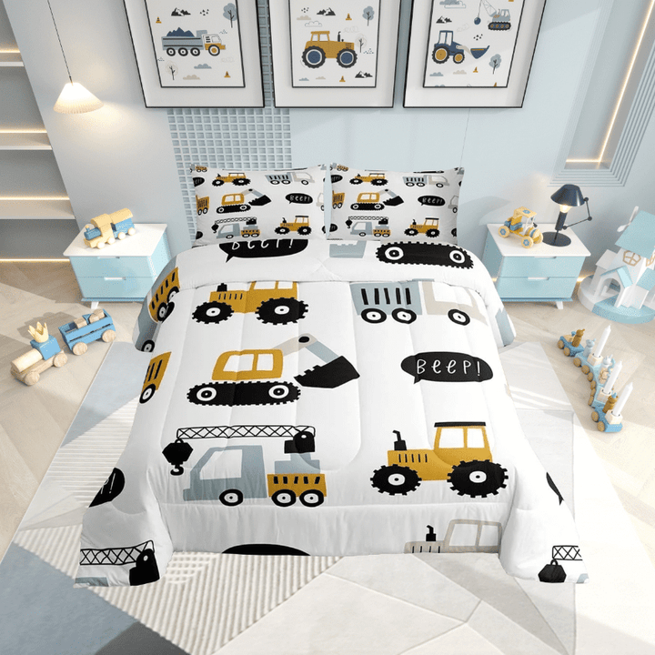 Construction Bedding Twin,Cartoon Excavator Tractor Print Comforter Cute Equipment Crane Truck Comforter Set Youth Bedroom Decor,White Yellow Quilt with 1 Pillow Case