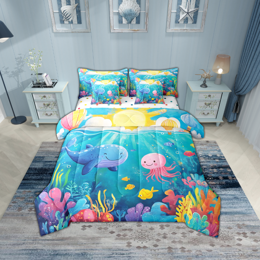 Erosebridal Whale Jellyfish Bedding Sets Twin Size,Ocean Wildlife Comforter Sets with Sheets,Super Cozy Reversible Bed in a Bag Twin size,Underwater World Decoration,7pcs