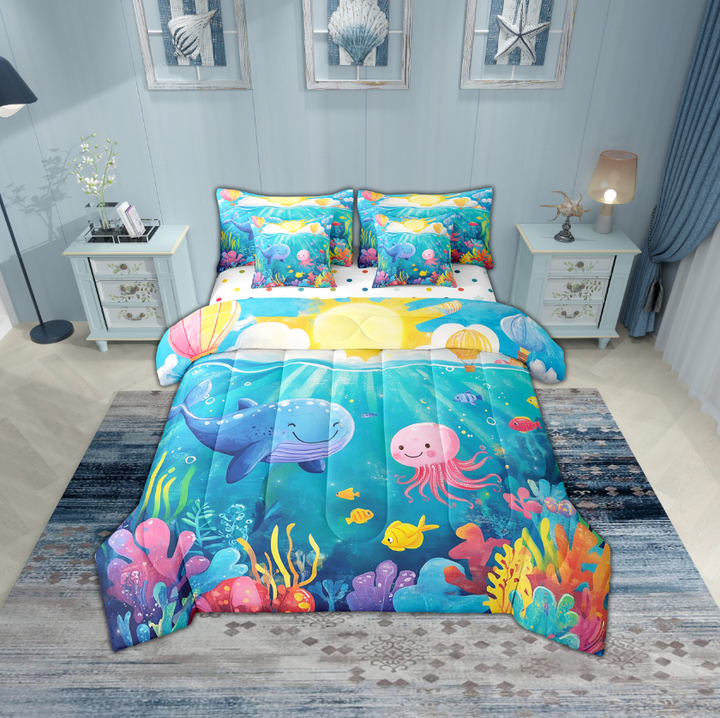 Erosebridal Whale Jellyfish Bedding Sets Twin Size,Ocean Wildlife Comforter Sets with Sheets,Super Cozy Reversible Bed in a Bag Twin size,Underwater World Decoration,7pcs