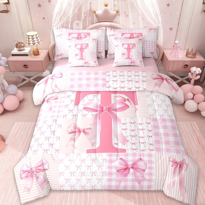 Erosebridal Pink Initial Letter T Kids 7-Piece Twin Bedding Sets,Geometric Checkered Cute Bowtie Bedding Comforter Set For Girls,Pink Reversible