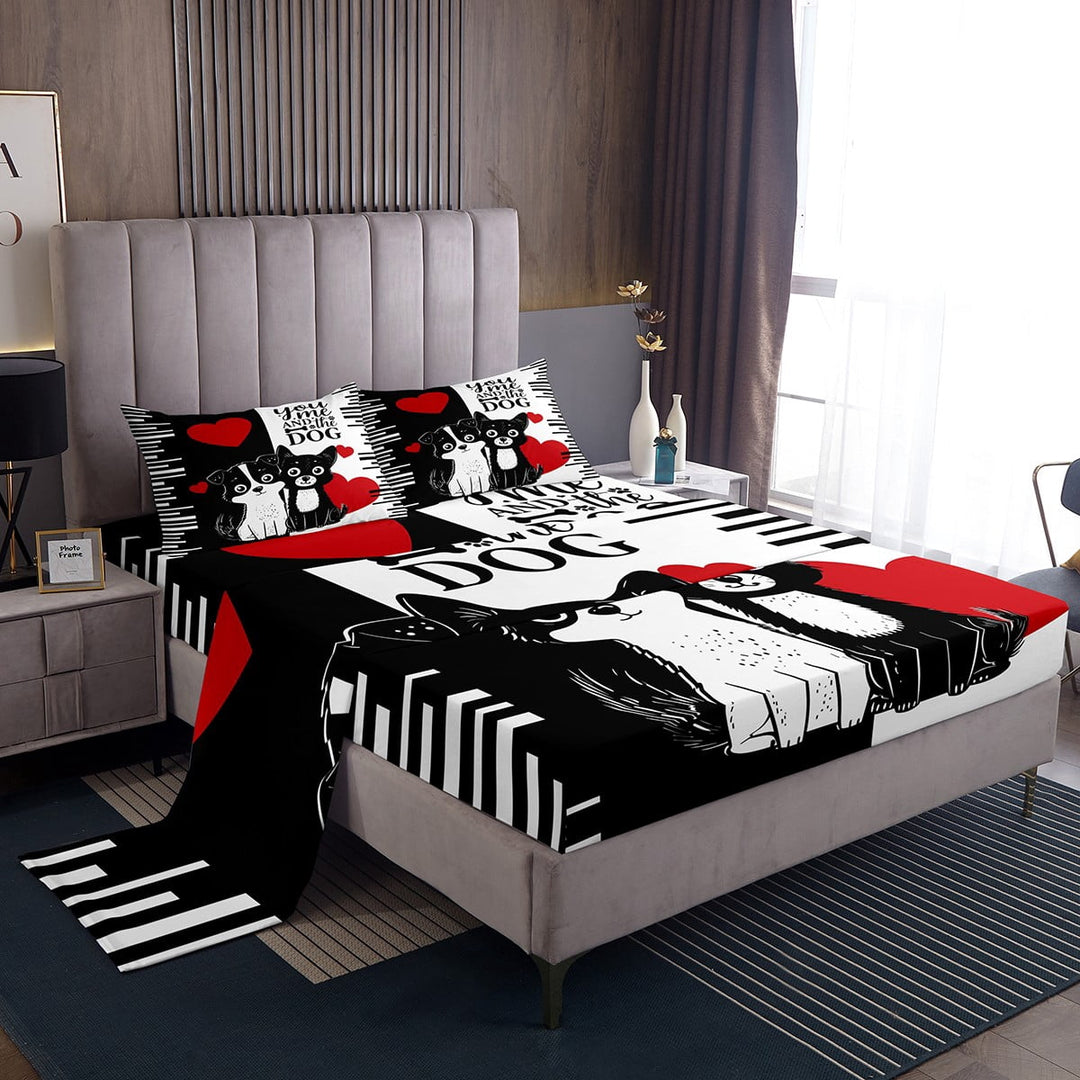 Erosebridal Cute Dog Print Full Sheet Sets, Romantic Heart Bedding Full Size, Anniversary Decor 4-Piece