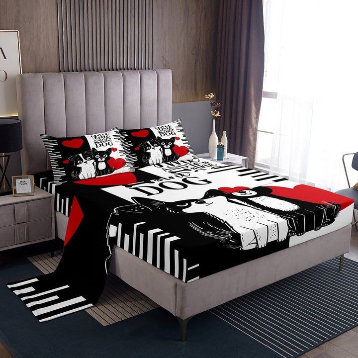 Erosebridal Cute Dog Print Full Sheet Sets, Romantic Heart Bedding Full Size, Anniversary Decor 4-Piece