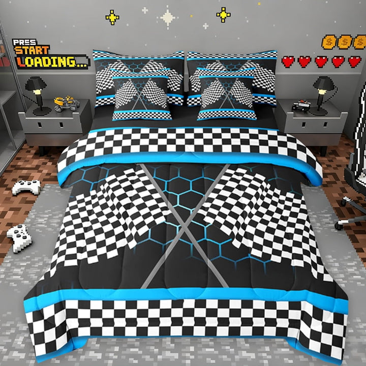 Erosebridal Gradient Blue Honeycomb Bedding Sets Twin Size, Sports Car Flag Comforter Sets With Sheets,Youth Teens Gamebed In A Bag Twin Size,Ultra Soft Room Decorative,7-Piece Reversible