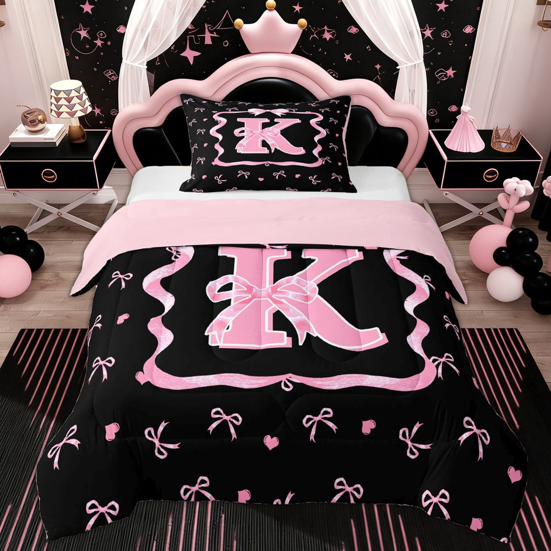 Erosebridal Kid Monogrammed K Twin Comforter Sets, Princess Bowknot Bedding Set, Black Pink, 2 Pieces