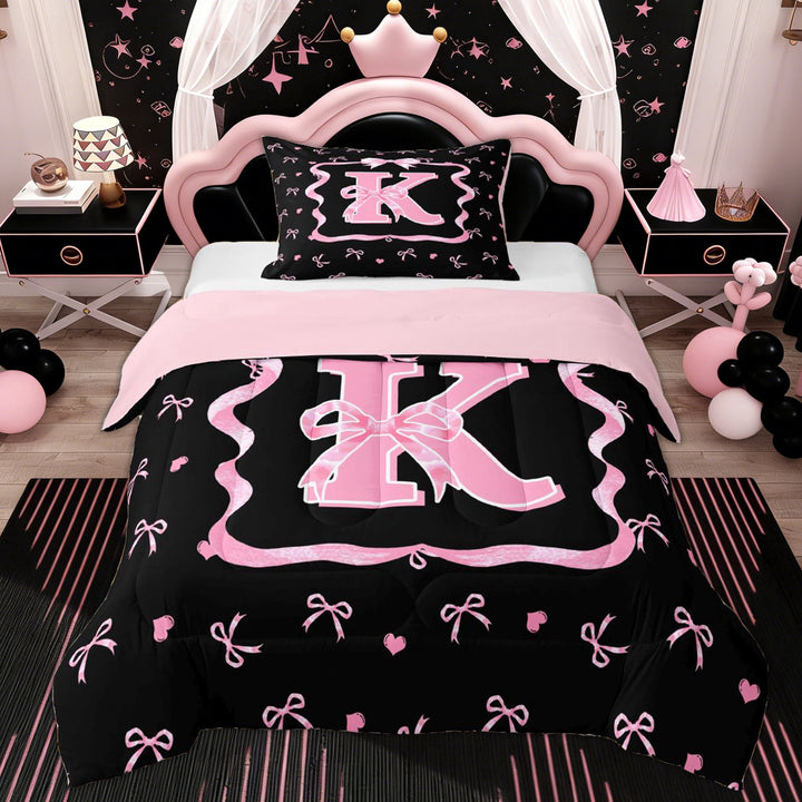 Erosebridal Kid Monogrammed K Twin Comforter Sets, Princess Bowknot Bedding Set, Black Pink, 2 Pieces