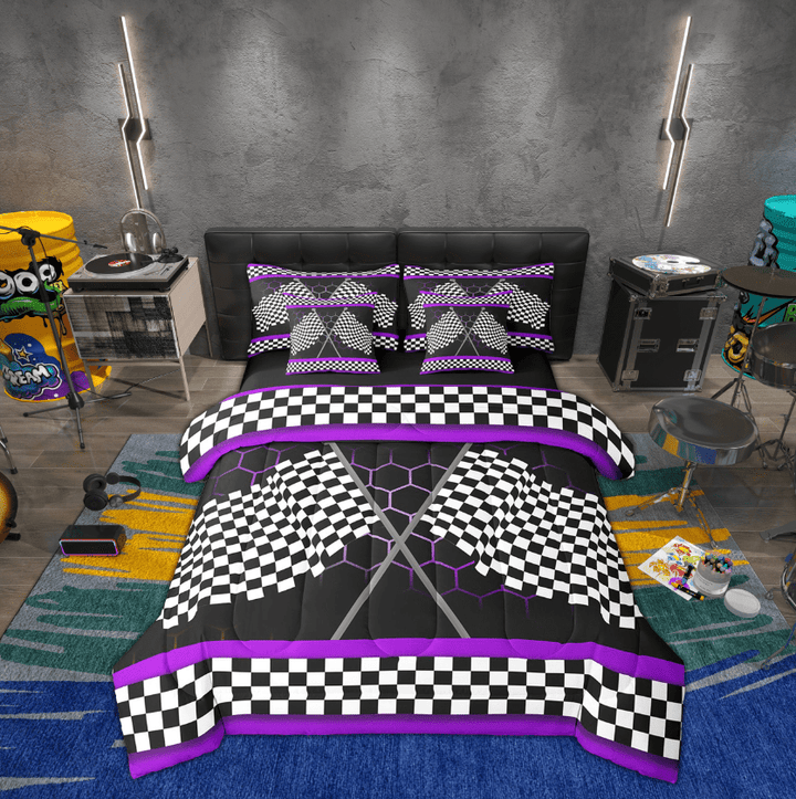 Erosebridal Gradient Purple Honeycomb Bedding Sets Twin Size, Sports Car Flag Comforter Sets With Sheets,Youth Teens Game Bed In A Bag Twin Size,Ultra Soft Room Decorative,7-Piece Reversible