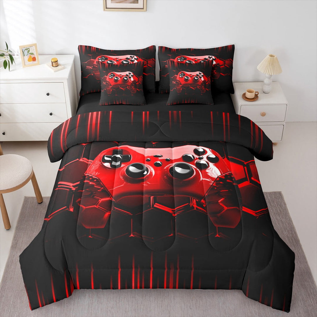 Erosebridal Gamer Bed In A Bag 7 Pcs Full,Boys Kids Gaming Bedding Sets Cool Video Game Black Comforter Set With Sheets Red Geometric Honeycomb Bed Set For All Season Gamepad Decor Sheet Set