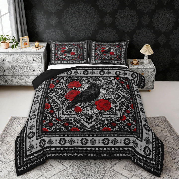 Erosebridal Vintage Crow Queen Comforter Set, Bohemian Aztec Mandala Bedding Comforter Set, Black Gray Red, Black Reversible 3pcs, 1 Comforter and 2 Pillowcases