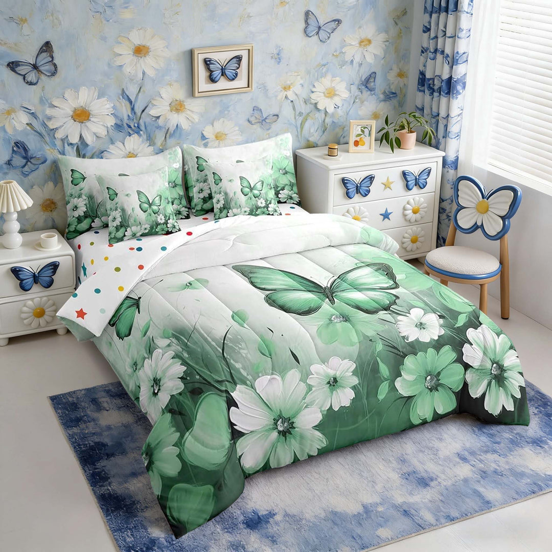 Butterfly Flowers Bed in a Bag Queen Comforter Set 7 Piece,Cyan Ombre Art Oil Painting Floral Bedding Sets Rustic Aesthetic Animal Daisy Flower Sheet Set with Comforter