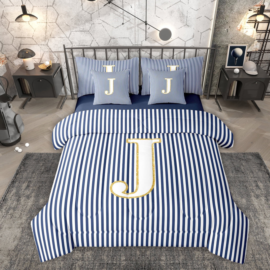 Erosebridal Fashion Letter J Twin Bedding Sets 7-Piece for Kid, Blue Cartoon Line Bedding Comforter Set