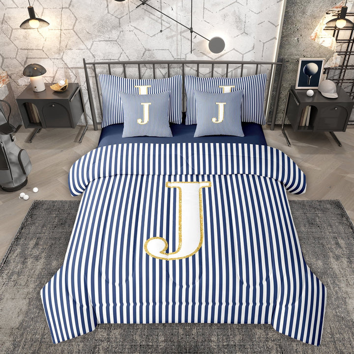 Erosebridal Fashion Letter J Twin Bedding Sets 7-Piece for Kid, Blue Cartoon Line Bedding Comforter Set