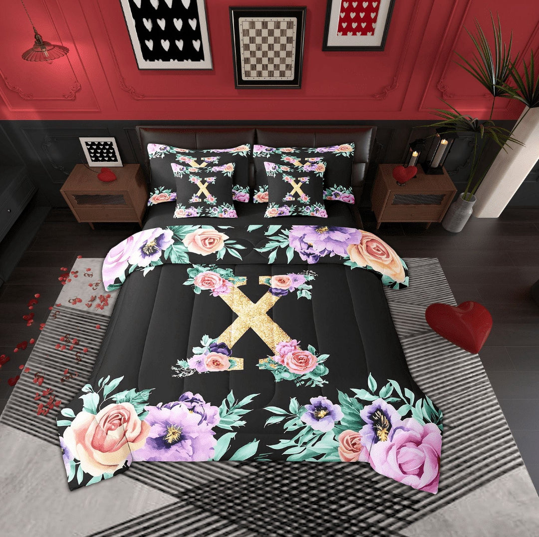 Erosebridal Purple Rose Bedding, Initial Letter X Bed in a Bag, Cartoon Monogrammed Reversible Bed Set, Lightweight Bedroom Decoration, 7pcs