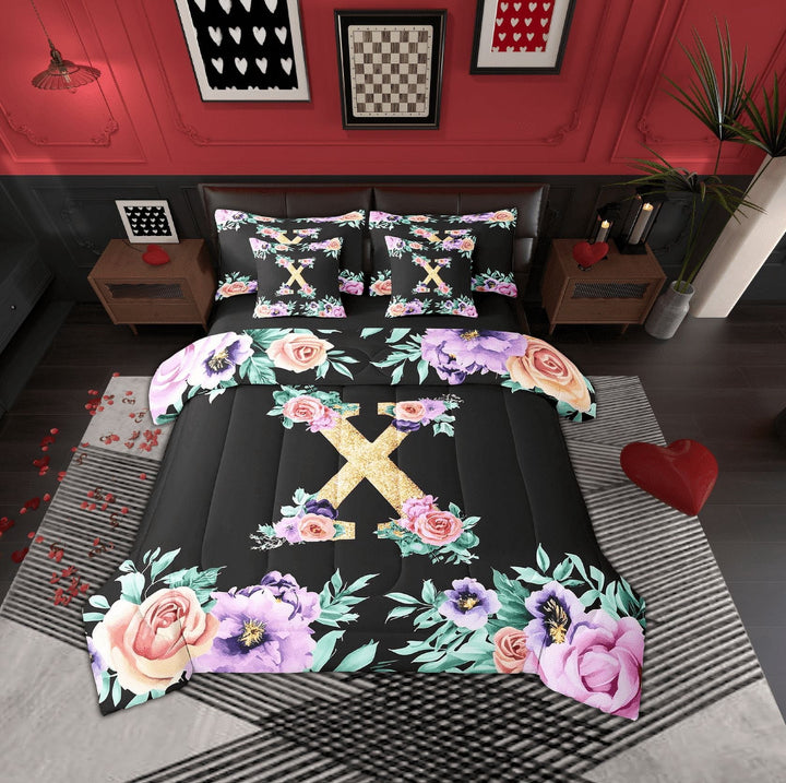 Erosebridal Purple Rose Bedding, Initial Letter X Bed in a Bag, Cartoon Monogrammed Reversible Bed Set, Lightweight Bedroom Decoration, 7pcs