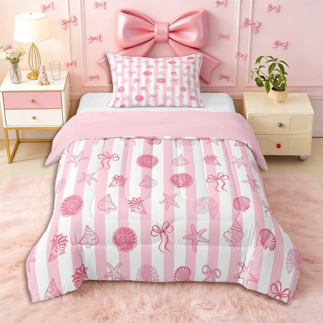 Erosebridal Pink Starfish Bow Knot Twin Comforter Sets 3-Piece for Girls,Ocean Theme Geometric Stripes Bedding Set for Teens Adults,Pink Reversible,Luxury Bedroom Decor