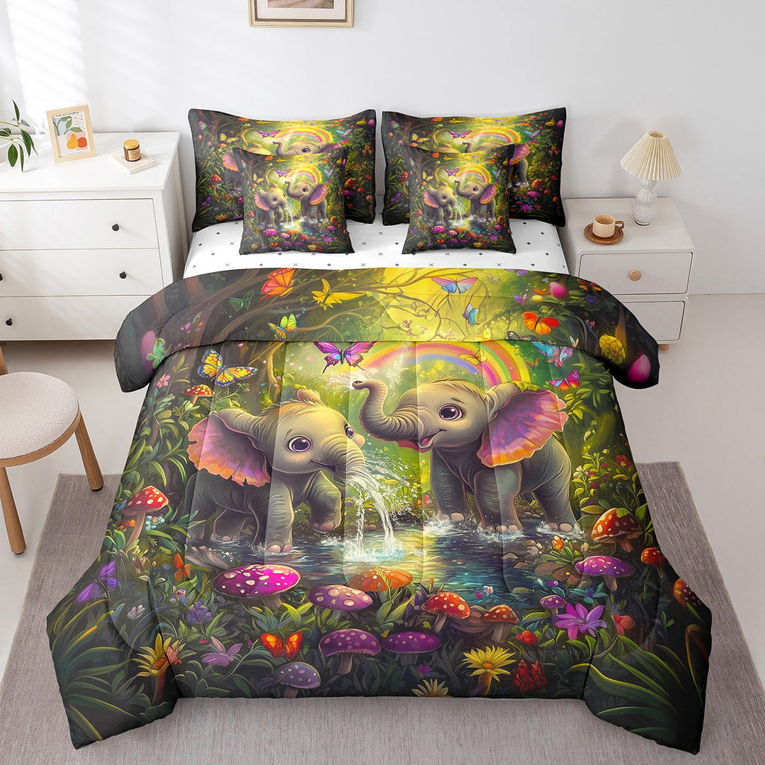 7 Piece Cute Elephant Bed in a Bag Queen Size Kawaii Dreamy Style Bedding Sets Cartoon Animal Elephant Comforter Set with Sheets Lovely Butterfly Bed Set Rustic Farmstyle Sheets