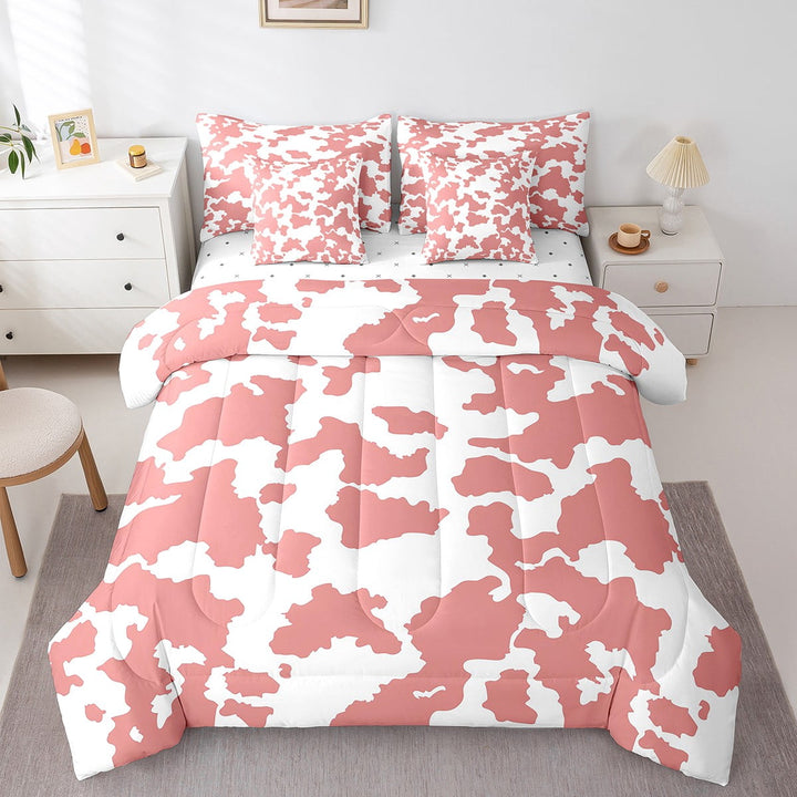 Light Pink Cowhide Twin Comforter Set 7 Pieces,Bed in a Bag Twin,Bull Cattle Cow Print Bedding Set with Farmhouse Western Animals Hide Comforter,Flat Sheet,Fitted Sheet,Pillowcases,Pillow Shams