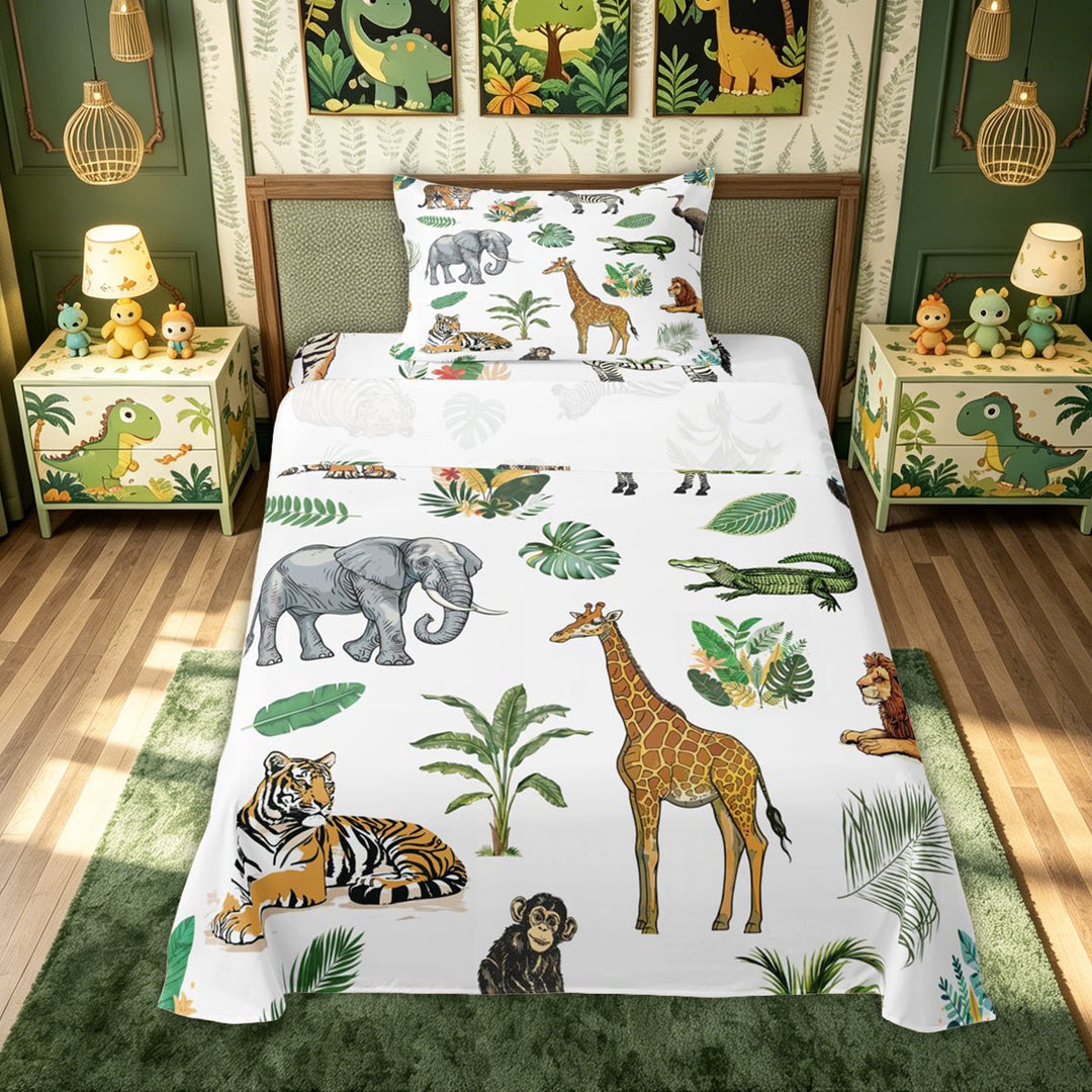 meiyoeat Elephant Lion Animal Bed Sheets for Kids Boys, Jungle Wildlife Print Full Size Sheets, White Green, 4pcs