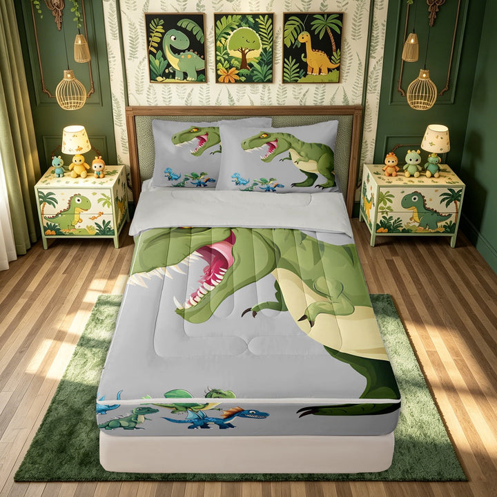 meiyoeat Cartoon Dinosaur Zipper Full Size Comforter Sets with Fitted Sheet and 2 Pillowcases for Kids Boys, Flying Dino Wildlife Zipper Bedding Set, Grey Green, Grey Reversible, 4 Pieces