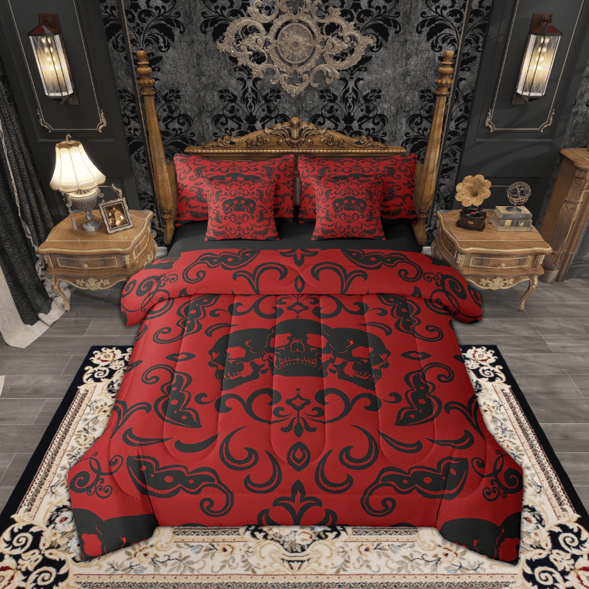 Halloween Skull King Size Bed In A Bag Retro Baroque Damask Goth Comforter Set 7 Picec Red Black Skeleton Gothic Bedding Sets With Sheets Pillow Covers Reversible Black Horror Bed Set