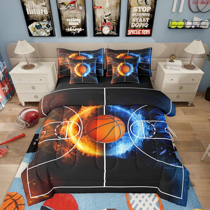Erosebridal Kids Boys Basketball Bed In A Bag Full Size 7 Pieces Teens Kids Boys Sports Microfiber Comforter Ball Court Games Sheet Set Fire And Ice Print Fitted Sheet,Black And Red