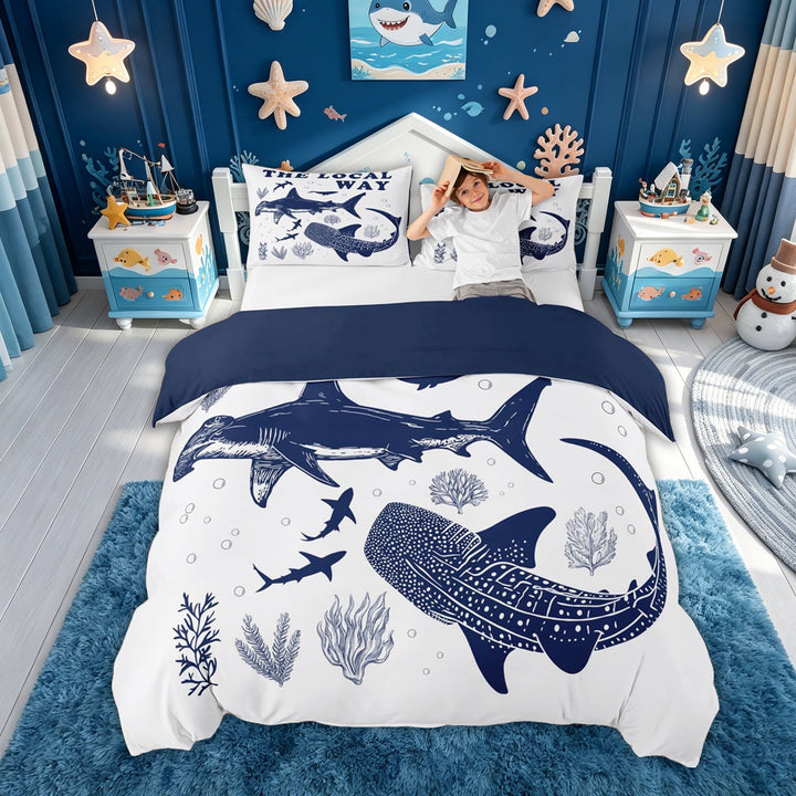meiyoeat Ocean Shark Bedding for Kids Boys, Ocean Quote Duvet Cover Full for Bedroom, Navy White, Blue Reversible, 3-Piece