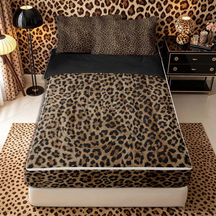 Meiyoeat Textured Leopard Print Zipper Full Size Comforter Sets with Fitted Sheet and 2 Pillowcases, Retro Furry Animal Pattern Zipper Bedding Set, Brown Black,4pcs,Black Reversible