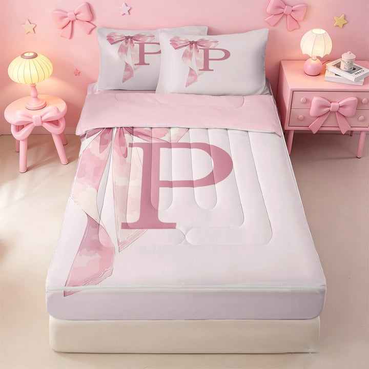 meiyoeat chic Bowknot Initial P Zipper Twin Comforter Sets with Fitted Sheet and 2 Pillowcases,Pink Alphabet Initial Design Zipper Bedding Set,Pink Reversible,4 Pieces