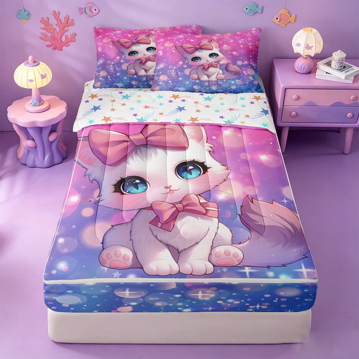 meiyoeat Cartoon Cute Kitten Zipper Twin Comforter Sets with Fitted Sheet and 2 Pillowcases For Girls,Pink Bowknot Cat Zipper Bedding Set For Kids,Colorful Stars Reversible,4-Piece