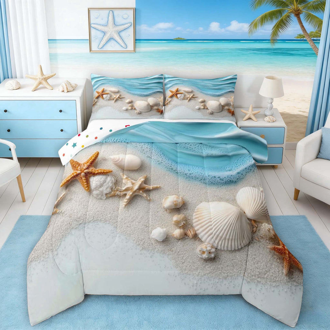 Manfei 3D Beach Seashell Starfish Wave Full Size Comforter Sets for Kids Boys and Girls, Coastal Life Print Bedding Sets, Polka Dots Reversible 3-Piece, 1 Comforter and 2 Pillowcases