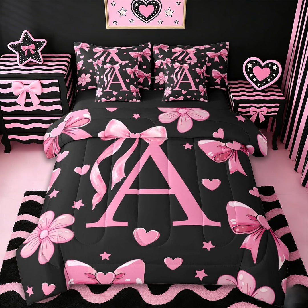 Erosebridal Letter A Monogrammed 7-Piece Twin Bedding Sets,Pink Ribbon Bow Girls Bedding Comforter Set For Kids,Reversible black
