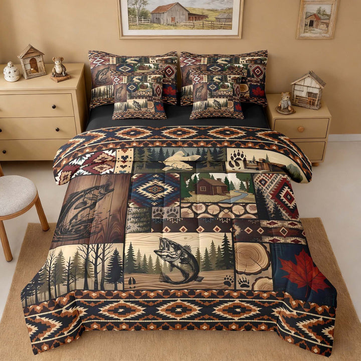 Erosebridal Bass Fish Cabin Patchwork Bedding Comforter Set for Men and Women, Rustic Woodland Queen Bedding Sets, Black Reversible, 7-Piece