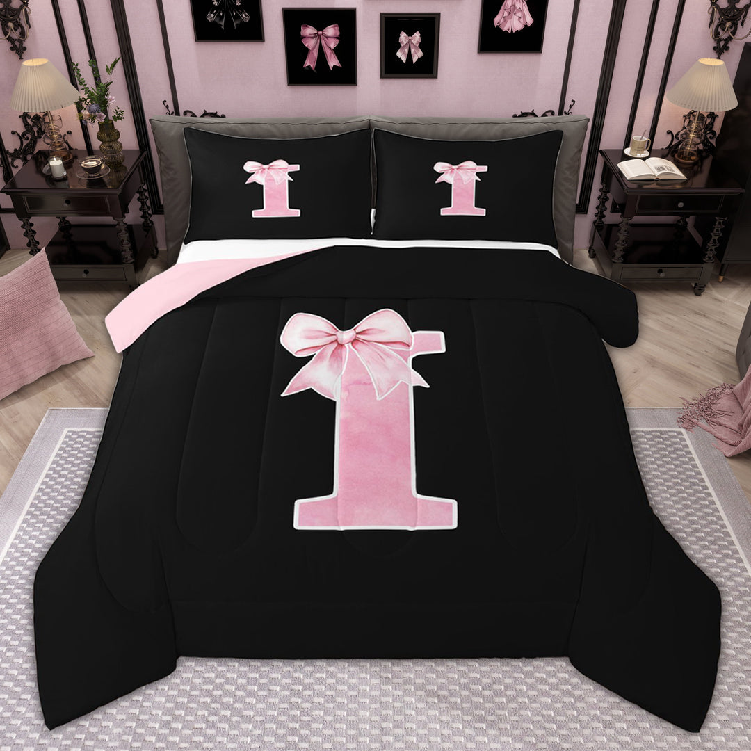 Manfei Cute Girls Bowknot Bowtie Bedding Comforter Set, Monogrammed Twin Comforter Sets, Personalized Letter I Bedding Set, Lightweight Bedroom Decor, Reversible 2-Piece