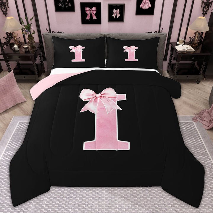 Manfei Cute Girls Bowknot Bowtie Bedding Comforter Set, Monogrammed Twin Comforter Sets, Personalized Letter I Bedding Set, Lightweight Bedroom Decor, Reversible 2-Piece