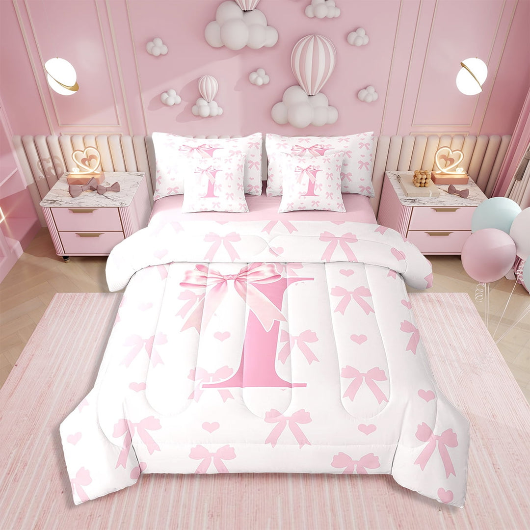 Initial Letter I Comforter Set Twin,Dreamy Bow Love Hearts Pink Bedding Set,Princess Style Pink Bowknot Girly Romantic Bed Set 7 Pieces(Comforter+Fitted+Flat Sheet+Pillowcase+Pillow Cover)