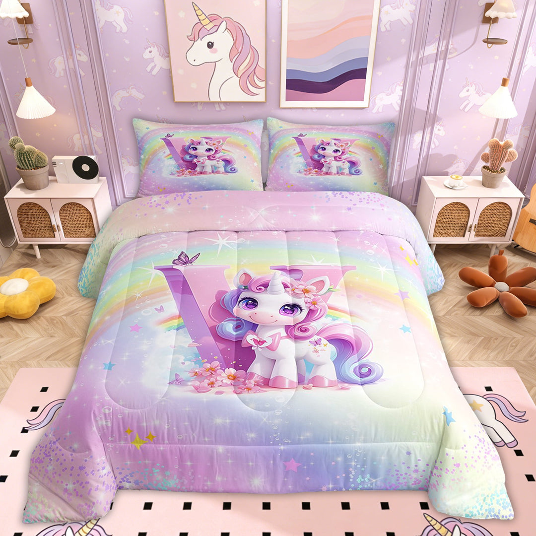 Erosebridal Girly Unicorn Comforter Sets Twin Size, Romantic Initial V Comforters &amp; Duvets, Kawaii Rainbow Decor, Reversible