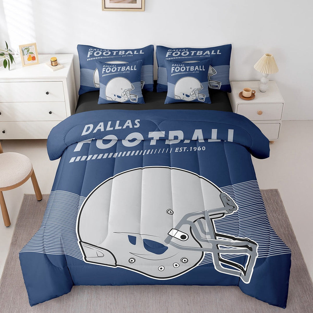 Erosebridal 7Pcs American Football Theme Comforter Sets Bed in a Bag Rugby Sports Bedroom Comforter with Flat Sheets Fitted Sheet, Dallas ( Blue, King 7-Piece)