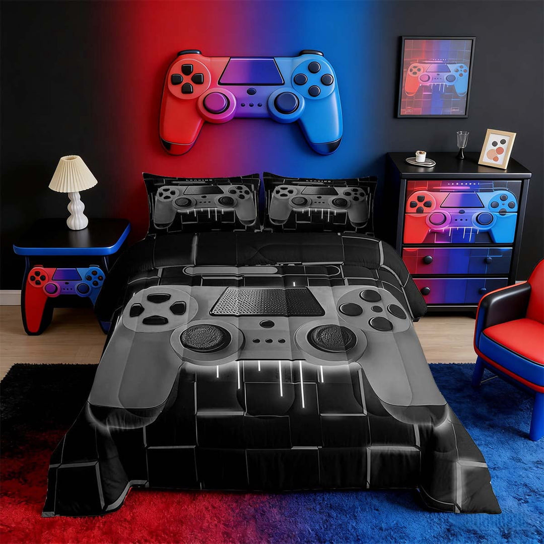 Grey Gaming Full Size Comforter Sets - Gamer Comforter Full Size Bedding Set, Neon Lights Abstract Geometry Design Gamer Room Decor